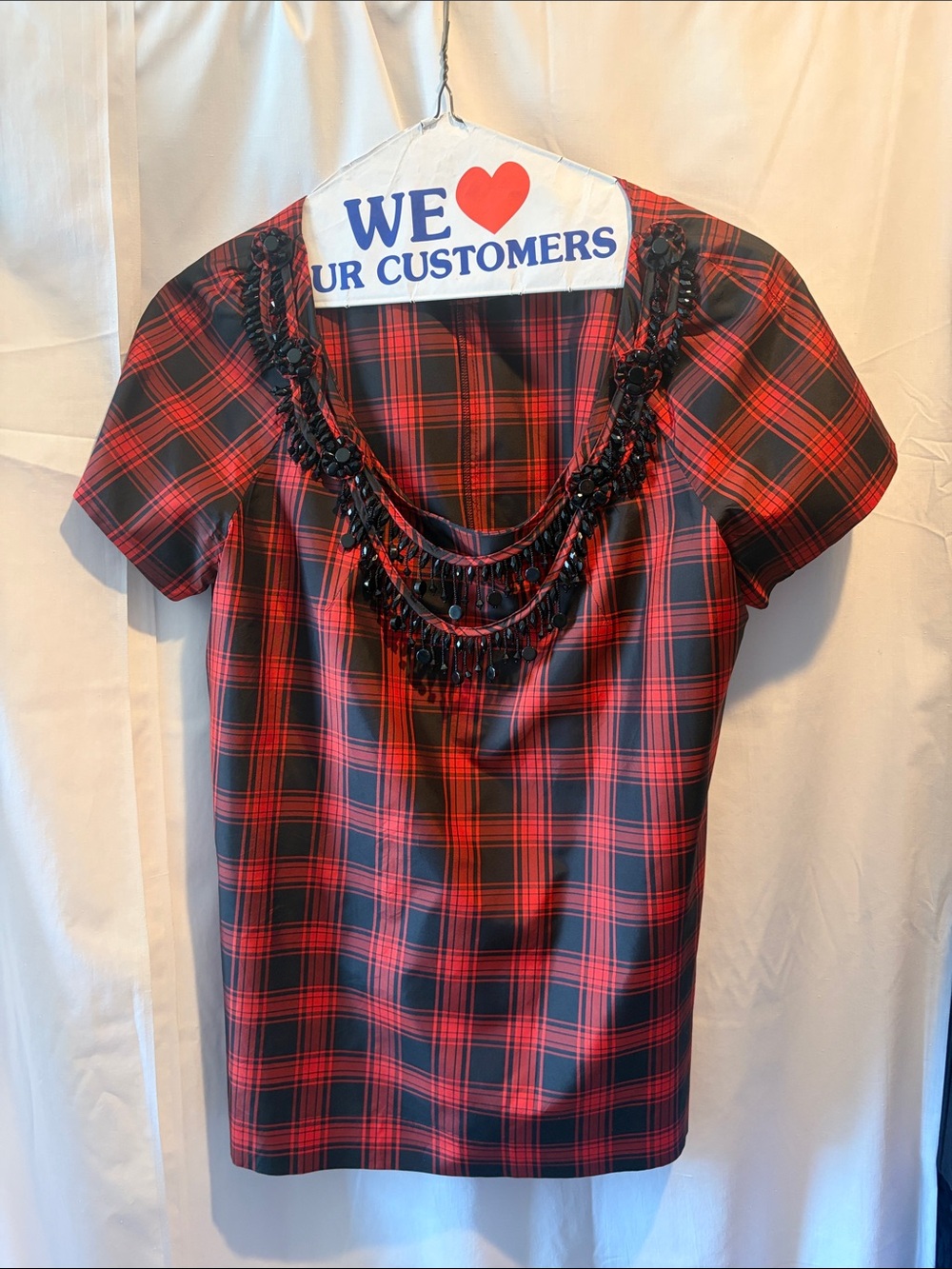 Red Plaid Short-Sleeve Top with Beaded Neckline
